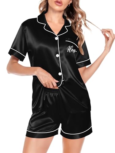 Image of SWOMOG Satin Matching Pajamas Sets Couple Silk Button Down Nightwear Women & Men Short Sleeve Sleepwear 2 Pieces Loungewear