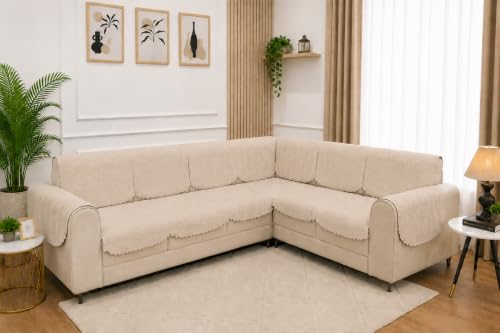 Image of 7 Seater L-Shape Sofa Cover with Arm Covers, Quilted Texture, Sectional Couch Protector for Living Room-Pack of 15 (Beige)