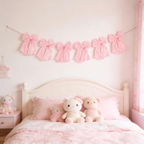 Image of MLMC Pink Bow Garland Banner Handmade Cheesecloth Bow Wreath Party Hanging Decorations for Baby Shower Birthday Wedding Bridal Shower Gender Reveal Party Decor