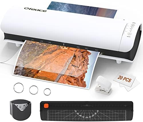 Laminator, 6-in-1 A4 Laminator Machine, 9 Inch Cold & Thermal Laminator Built in Paper Cutter, Corner Rounder, Hole Puncher and Iron Ring, Laminating Machine with 20 Pouches, 1 Min Fast Warm up