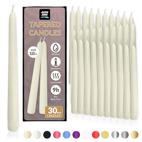 Axiom Taper Candles Pack of 30-9.84 Inches Tall Thicker Unscented Candle Set - Long Hours Burning time Premium Quality Wax dripless candlesticks for Valentine's, Wedding, Parties & Home Decor (Ivory)