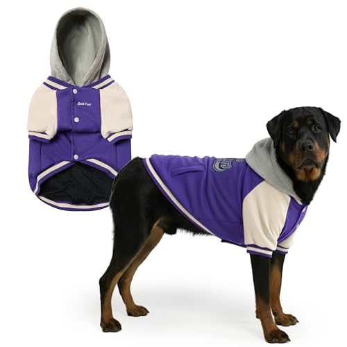 Image of Spark Paws Varsity Dog Hoodie - Premium Dog Sweater for Small, Medium, and Large Dogs | Warm Clothes for Pets, Winter Jacket Alternative - Purple - 5XL