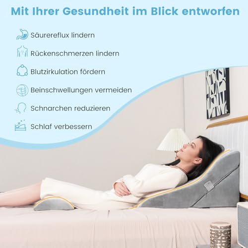 COSTWAY Lesekissen für Bett und Sofa, Venenkissen zum Beine hochlagern, 3-teiliges orthopädisches Keilkissen-Set nach Operationen gegen Schnarchen, Sodbrennen & Rückenschmerzen (Grau)