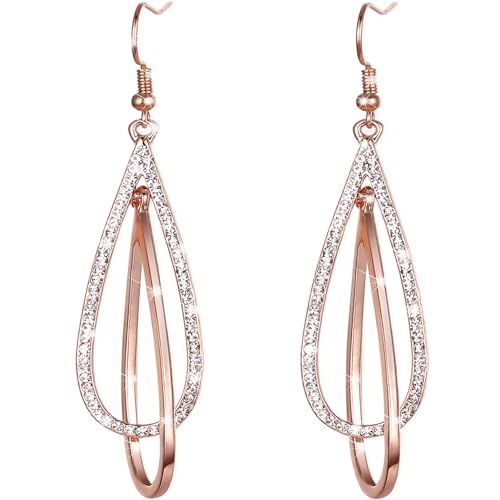 LOVE&CLOVER 18K Rose Gold Plated Earrings for women dangling, Crystal Drop Dangle Earrings Elliptical Ring Teardrop Women hypoallergenic Wedding Gift Rose Gold