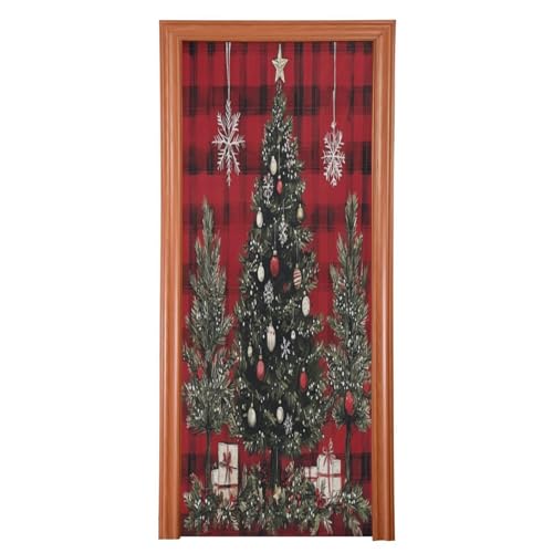 J JOYSAY Christmas Trees Red Plaid Door Decorations Door Cover Xmas Decoration Christmas Front Door Decorations for Christmas Decorations,32x79 in