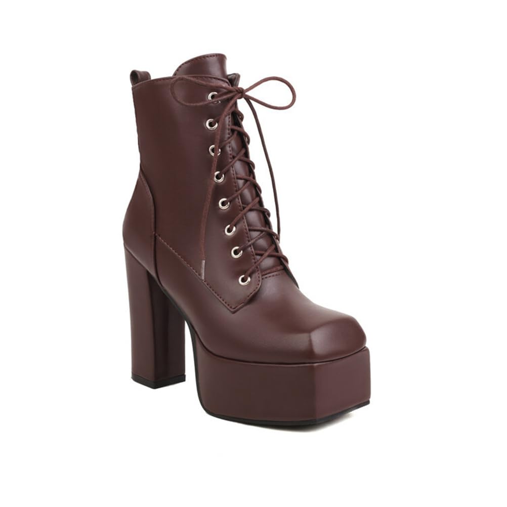 Womens Square Toe Ankle Boots Block Chunky Heeled Platform Short Boot Fashion Lace Up High Heels Dress Booties