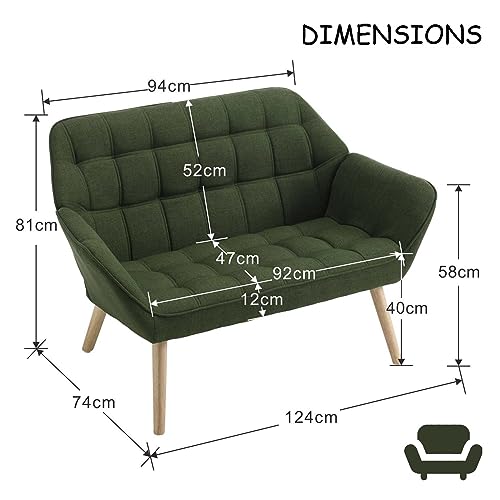 chairus 2 Seater Sofa Linen Tub Chairs Upholstered Cocktail Loveseat with Wooden Legs Comfortable Living Room Armchair (Green) - Image 2