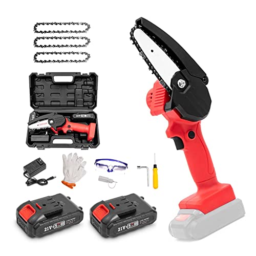 Mini Chainsaw 4 inch Electric Saw Rechargeable Small Cordless Chain Saw Handheld Saw Large Capacity Lithium Battery Household Small for Pruning Gardening Tree Branch Woodworking Tools (Color : Red)