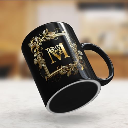 Image of Golden Floral Alphabet Letter M Printed Coffee Mug Gift for Girl, boy,Wife,Husband,Girlfriend Boyfriend,Kids,Brother,Sister,Love and Valentines Day - 1pcs, Black, 330ml (AL-M)