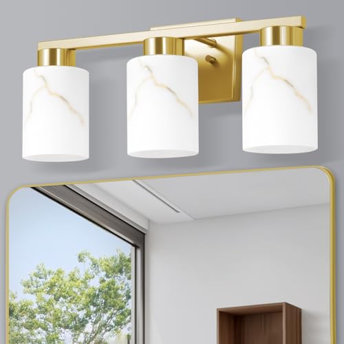Image of 3-Light Bathroom Light Fixtures, Modern Vanity Lights, Gold Metal Wall Lamp with White Marble Glass for Bathroom, Mirror, Living Room, Bedroom, Cabinet, Porch, Hallway, E26 Base