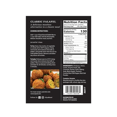 Ziyad Falafel Dry Mix, Gluten-Free, Vegan, Non-GMO, No Additives, No Preservatives, Great for Making Veggie Burgers and Snacks, 12oz
