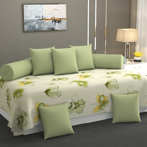 Image of NHD HOME diwan Set for Living Room, diwan Set Covers Glace Cotton, diwan Set 8 Pieces (1 Single Bedsheet, 5 Cushion Covers, 2 Bolster Covers) (Color-Pista Green) Traditional Print