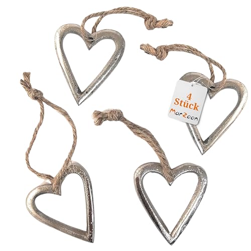 Marzoon 4X Metall Anhänger Herz 4,5 x 5cm - Offene Silberne Metallherzen zum Hängen - Vintage Deko für Geschenke - Mini-Deko - Mitbringsel