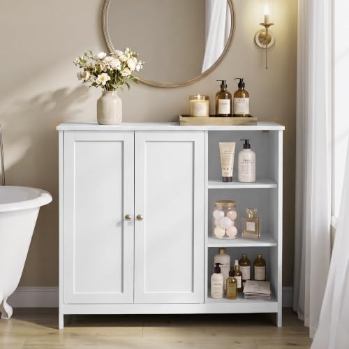 VASAGLE Mueble de Baño, Armario de Suelo de MDF con 2 Puertas y 3 Estantes Abiertos, Estantes Ajustables, 90 x 30 x 80 cm, para Baño, Salón, Blanco Nube, Colección Siren BBK070WB01
