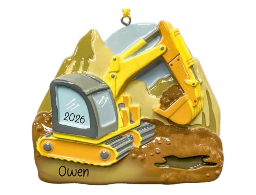 UniqXmas Personalized Excavator Christmas Ornament 2026 - Free Customization | Yellow Digging Machine, Construction Digger Vehicle for Xmas Tree | Unique Keepsake for Kids Boys - Custom Name & Year