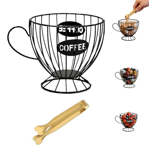Stylish Black Coffee Pod Holder with Ice Tongs – Large Capacity Metal Wire Capsule Storage for Home, Office, or Restaurant Use