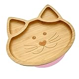 Hochwertiger Baby/Kleinkind Saugnapf-Teller aus natürlichem Bambus, mit rutschfestem Saugfuß (Katze Zartrosa)