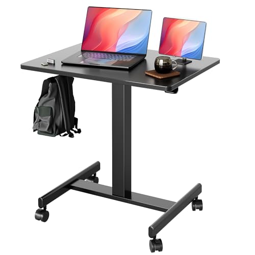 Image of YDN Mobile Mobile Standing Desk, Adjustable Height Portable Laptop Desk with Lockable Wheels, 25.5 inch x 18.8 inch Rolling Desk with Hook for Computer Workstation, Black