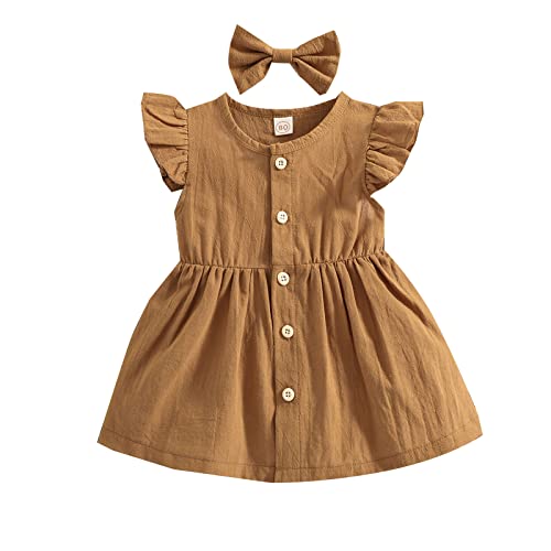 Image of Toddler Baby Girl Cotton Linen Solid Color Fly Sleeve Button Skirt Matching Hairpin Ruffles Dresses