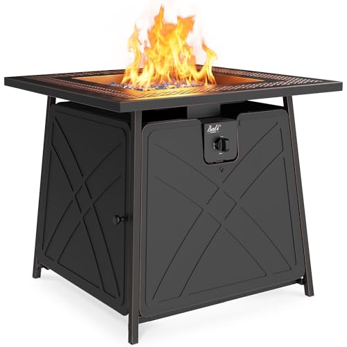 BALI OUTDOORS Gas FirePit Table, 28 inch 50,000 BTU Square Outdoor Propane Fire Pit Table with Lid and Blue Fire Glass