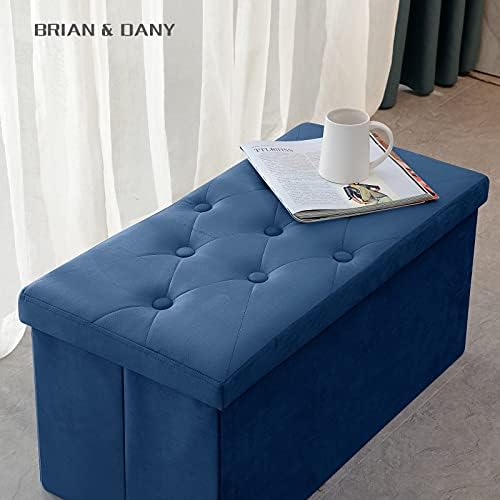 BRIAN & DANY Storage Ottoman Foldable Velvet Footstool Bench with Lid Toy Storage Box, 76 x 38 x 38 cm, Blue