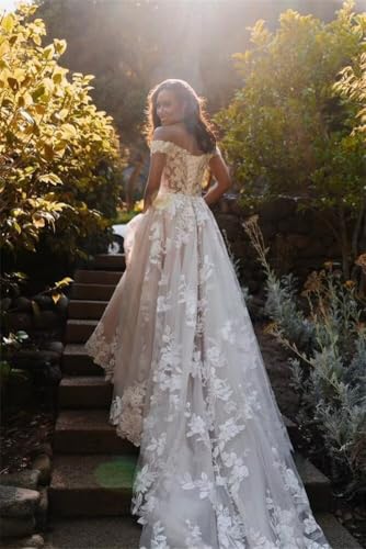 TRHTX Puffy Lace Off Shoulder Wedding Dresses for Bride 2024 V Neck Bridal Gowns A-line Appliques Wedding Gowns with Train4