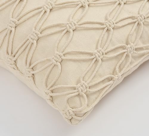 Image of Beautifull and Luxurious Handmade 100% Cotton Macrame Cushion Cover 16 inchx16 inch in Natural White Colour | Boho Cushion Cover in Premium Canvas Duck Fabric (Diamond) Pack of 2