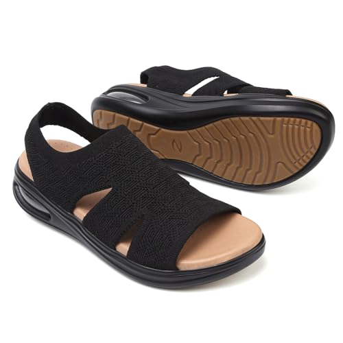 TETSUO Women's Summer Walking Sandals Slip On Air Cushion Support Platform Sandals Open Toe Ankle Strap Black Dress Sandal Shoes