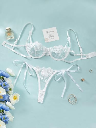 Image of Lilosy Sexy Tie Side Cute Underwire Push Up Strappy Embroidered Mesh Sheer Lingerie Set