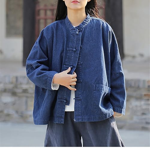 LUZU JUNU Women's Oversized Denim Jacket Casual Long Sleeve Classic Frog Buttons Loose Jean Jacket Coat4