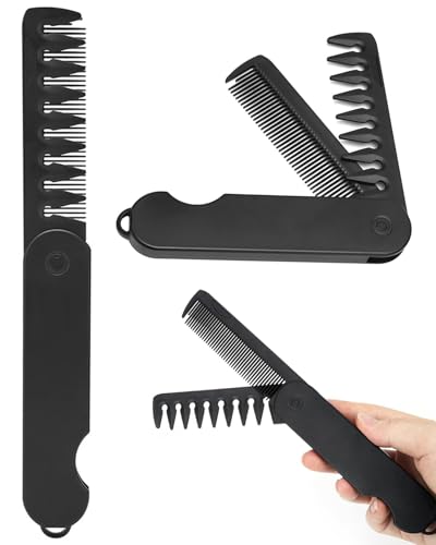 HUVZOR 2 Pezzi Piccola Pieghevole Spazzola per Capelli, Spazzola per Capelli Viaggio, Pettine pieghevole portatile per uomo,3 in 1 pettine per capelli con denti fini e denti breitz,per capelli e baffi