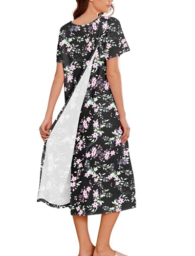 Deyeek Hospital Gowns for Women Labor Delivery Shoulder Surgery Dress Adaptive Clothing Night Robes for Elderly Plus Size, Black Floral, Medium