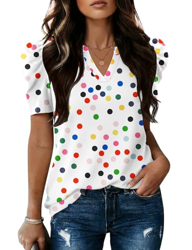 Image of LOMON Spring Summer Tops for Women 2026 V Neck Puff Short Sleeve Tops Fashion Trendy Work Blouses Dressy Casual S-XXL
