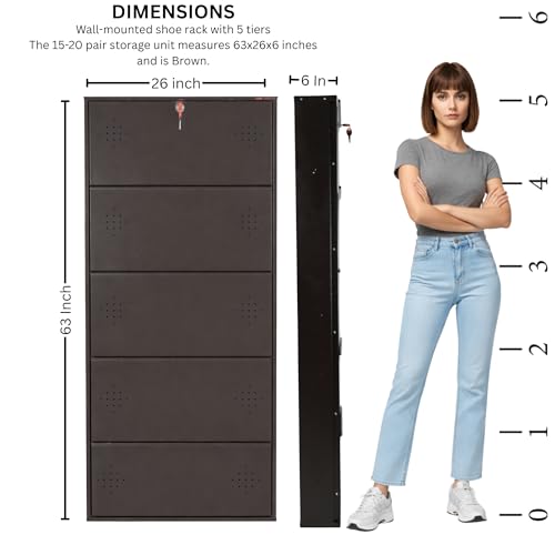 Image of 5 Door Wall Mounted Metal Shoe Rack Cabinet with Lock | Space Saving Shoe Storage Cabinet | Dustproof & Ventilated Shoe Organizer for Home, Entryway, Bedroom & Balcony | Brown | 63 x 26 x 6 Inch