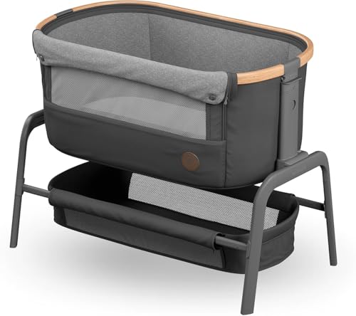 Maxi-Cosi Iora Co-Sleeper Krippe Faltbares Baby Nachttisch Krippe 0-6 Monate max 9 kg 4 Neigungs- & 5 Höhenpositionen Easy Slide Bequeme Matratze Großer Korb Leicht zu Tragen Essential Graphite