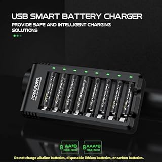 POWEROWL Chargeur de piles AA AAA à 8 baies (chargement à grande vitesse par USB, fente indépendante) pour piles rechargeables Ni-MH Ni-CD (sans adaptateur)