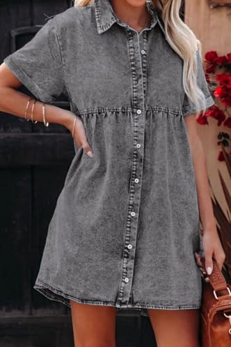 Image of Women's Denim Dress for Women Cute Blue Babydoll Denim Shirt Dress Denim Dress with Pockets