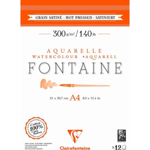 Lot de 5 Bloc encollé de 12 feuilles de papier aquarelle Fontaine grain satiné, 300 g/m², A4