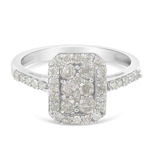 Original Classics .925 Sterling Silver 1.0 Cttw Diamond Emerald-Shaped Cluster with Halo Cathedral Style Cocktail Ring (I-J Color, I3 Clarity) - Size 7-1/2