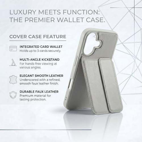 Image of amazon basics Luxury Vegan Leather Back Cover for iPhone 16 | Built-in Card Holder Slot | Integrated Mobile Stand | Slim Shockproof Protective Case with Stitched Finish - Gray