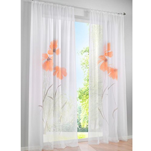 SIMPVALE Lot de 2 Rideaux Voilages de la Salon Balcon Imprimé Floral Manuel (Largeur 150cm / Hauteur 225cm, Orange)