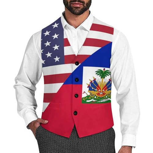 US Haitians Flag Suit Vest for Men Slim Fit Sleeveless Jacket V Neck Business Waistcoat Button Up Dressy Top
