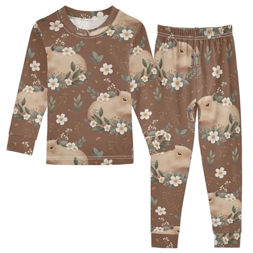 Pajama Sets Long Sleeve Capybara Floral Brown Background Soft Comfy Sleepwear 2 Piece PJS 3-8T