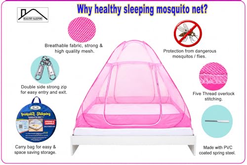 Image of Healthy Sleeping Mosquito Net | Double Bed | Supreme King Size Bed | Foldable Machardani with 2 Side Zipper Opening | Strong 30GSM Polyester Net | PVC Coated Steel Wire (Pink)