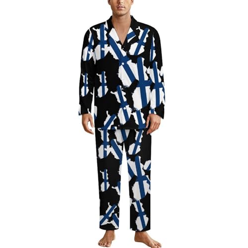 Flag Map of Finland Men's Pajamas Set 2 Piece Button Down Shirts And Pants Sleepwear Lounge Pj Sets
