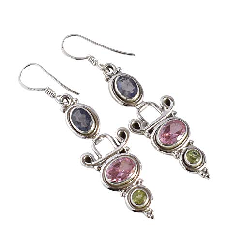 Boucles d'oreilles en argent 925 avec iolite, péridot et quartz rose