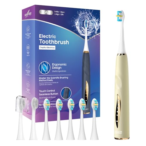 Seago spazzolino elettrico con sensore di pressione con porta spazzolino elettrico, 8 Testine, 40000 VPM, 5 Modalità, Timer da 2 Min, IPX7, Per Adatto alle persone sensibili, Adulti, Beige
