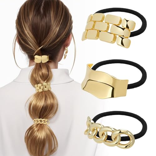 Elastico Pelo Metal, 3 Piezas Coleteros Dorados de Metal, Coletero Metals Pelo Mujer, Coleteros de Metals Geométricos, Accesorios para Cabello Negros y Dorados para Niñas y Mujeres (B)