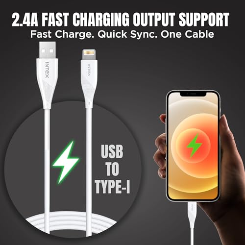 Image of Intex Speed Pro 2.4A USB To Lightning Fast Charging Cable, Data Sync, 480Mbps, Compatible For iPhone 14,13, 12,11, 8, 7, 6, 5, Ipad, Macbook, Imac, Airpods and Other Devices - White