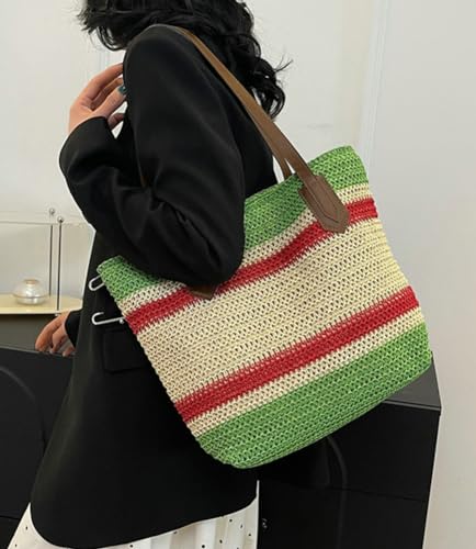Summer Straw Shoulder Bags for Women Large Straw Beach Bag Color Strip Woven Tote Bags Handbag Woven Tote Bag Purse 20254